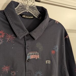 Travis Mathew 4th of July Red, White, Blue Fireworks Bus Golf Polo Shirt Sz L